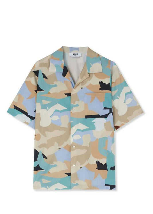 Poplin bowling shirt-geo camo print